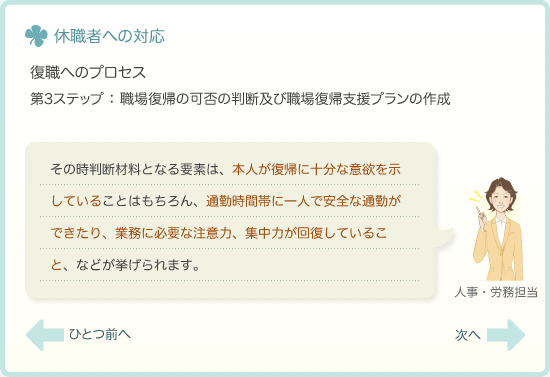 復職へのプロセス　第3ステップ：職場復帰の可否の判断及び職場復帰支援プランの作成　その時判断材料となる要素は、本人が復帰に十分な意欲を示していることはもちろん、通勤時間帯に一人で安全な通勤ができたり、業務に必要な注意力、集中力が回復していること、などが挙げられます。